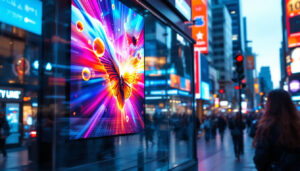 A photograph of a vibrant led digital signage display in a bustling urban environment