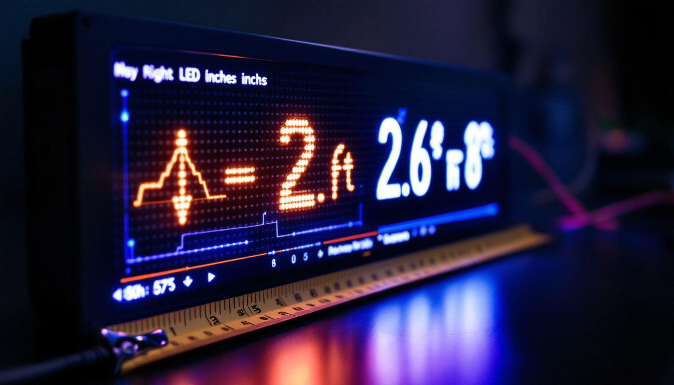 A photograph of a measuring tape stretched alongside an led display