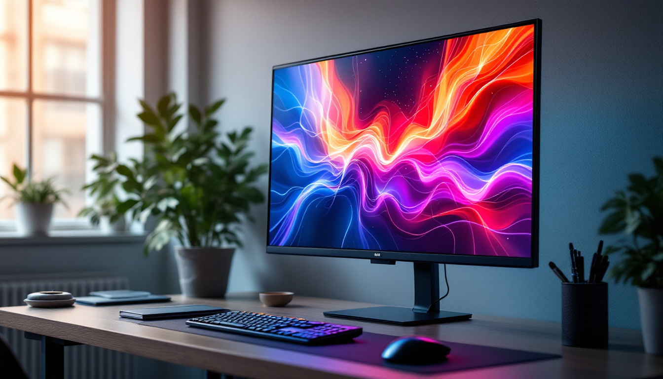 A photograph of a large flat screen monitor displaying vibrant led visuals in a modern workspace setting