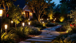 A photograph of a beautifully illuminated outdoor scene featuring various styles of led landscape lights highlighting garden features
