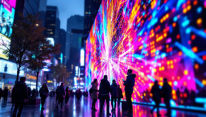 A photograph of a vibrant led display in a dynamic urban setting
