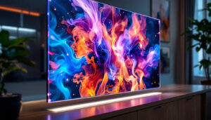 A photograph of a transparent lcd display showcasing vibrant images or videos while being integrated into a modern setting