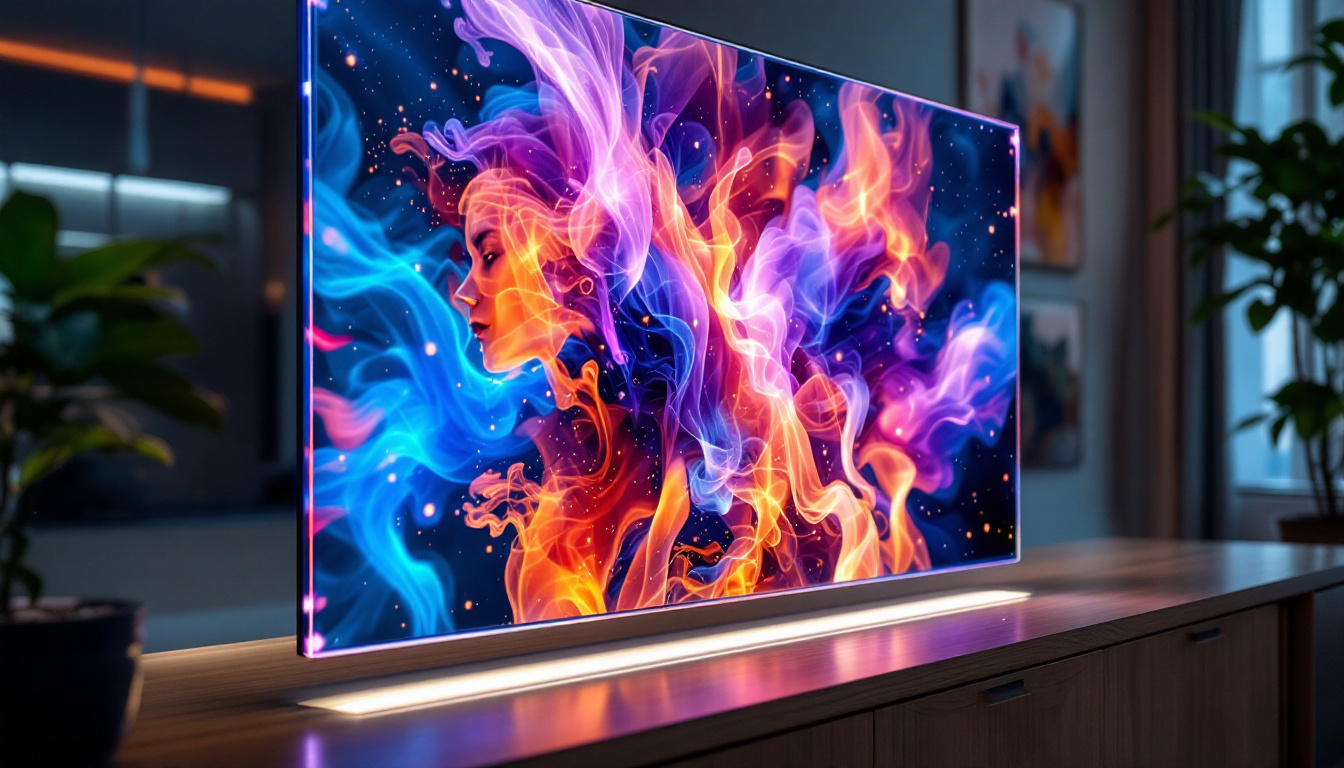 A photograph of a transparent lcd display showcasing vibrant images or videos while being integrated into a modern setting