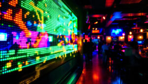 A photograph of a vibrant bar scene in hillsboro featuring an eye-catching led display