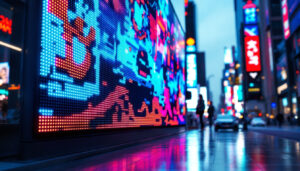 A photograph of a vibrant led display in a dynamic urban setting