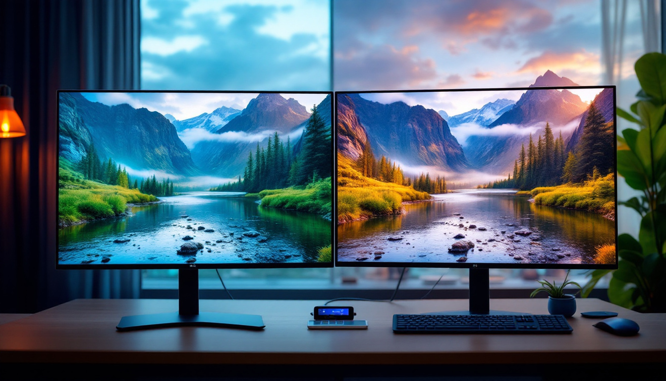 A photograph of a side-by-side comparison of a high-resolution led display connected via displayport 1.4 and another using displayport 2.1