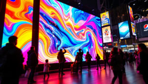 A photograph of a vibrant led display in a bustling beaverton setting