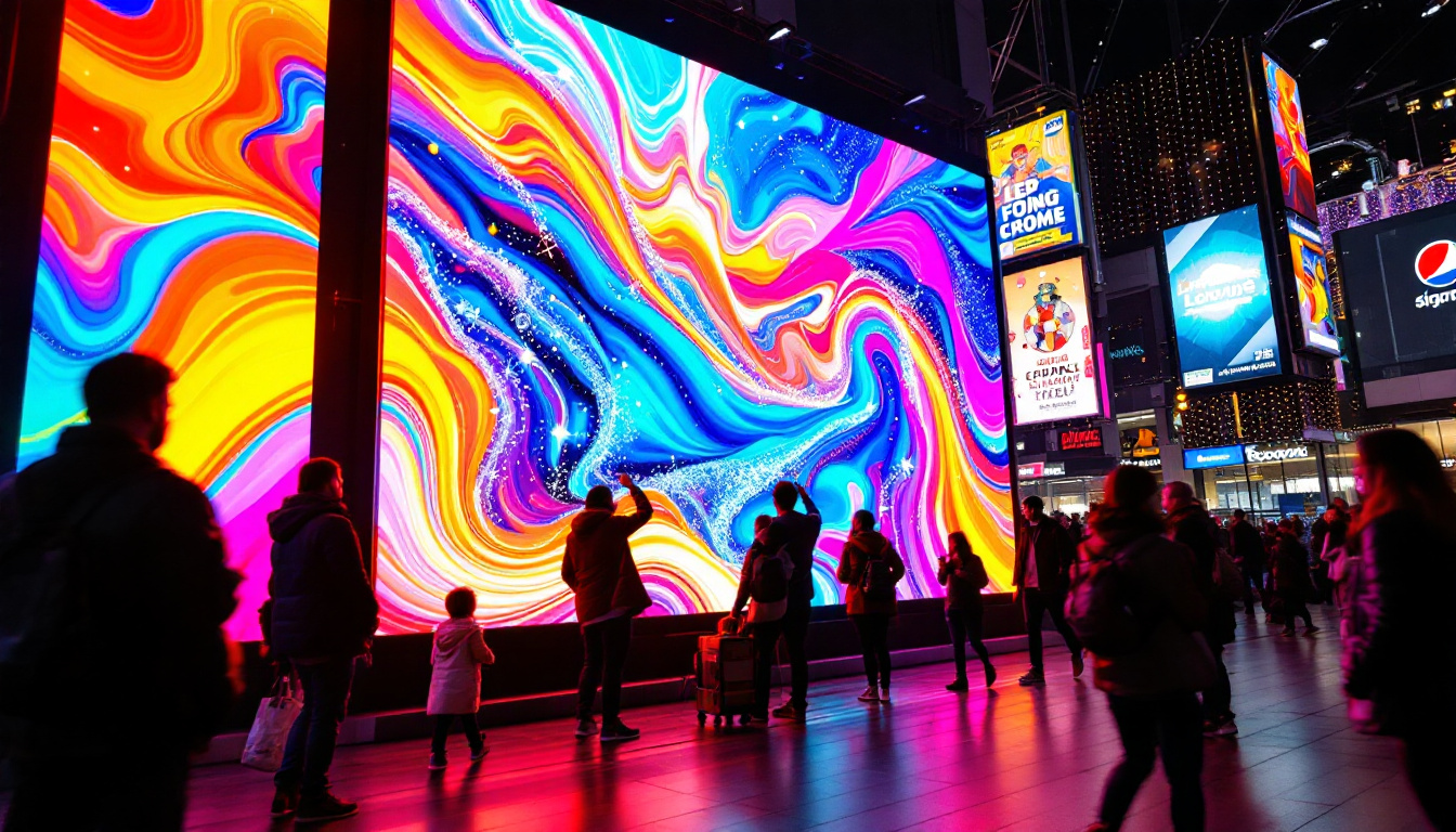 A photograph of a vibrant led display in a bustling beaverton setting