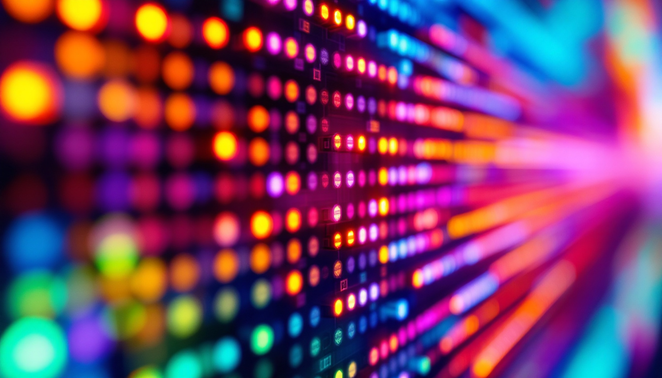 A photograph of a close-up shot of a vibrant led display showcasing dynamic colors and patterns
