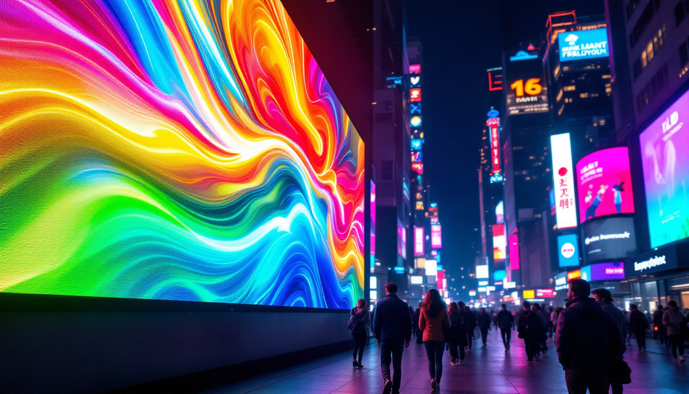 A photograph of a vibrant led display in a bustling urban setting