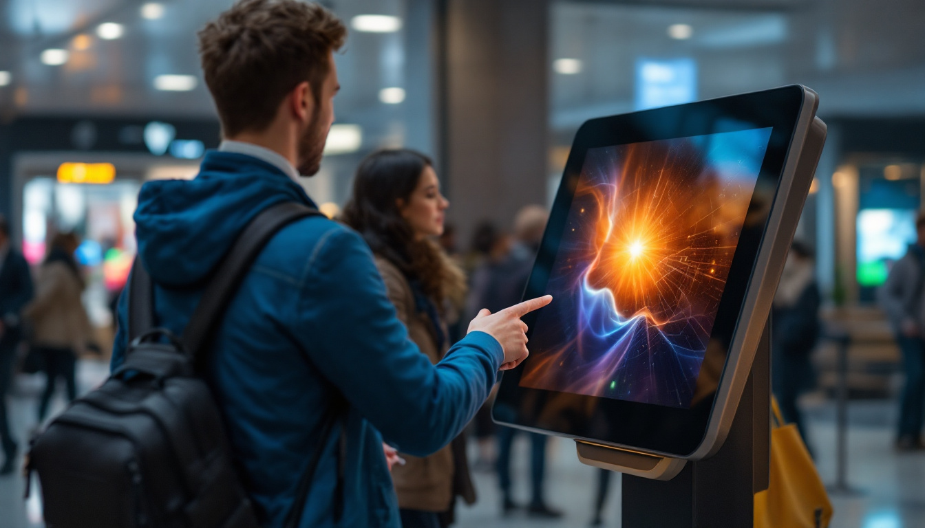 A photograph of capture a photograph of a modern digital kiosk with a vibrant led touch screen in a busy public space