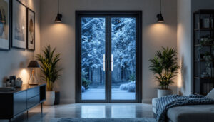 A photograph of capture a photograph of an expandable security door featuring an integrated led display