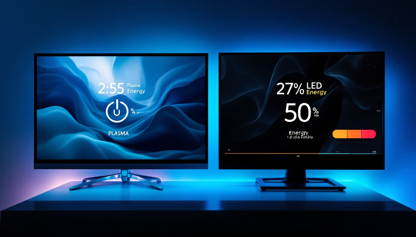 A photograph of a side-by-side comparison of a plasma tv and an led display