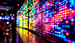 A photograph of a vibrant media wall featuring led display lights in action