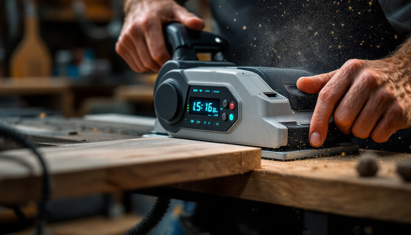 A photograph of a close-up shot of a portable planer in action