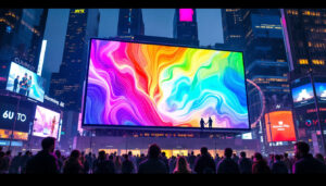 A photograph of capture a photograph of a vibrant led display in an urban setting