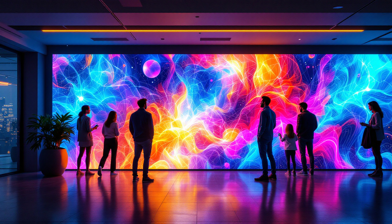 A photograph of a vibrant plasma wall led display in a modern setting