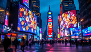 A photograph of a vibrant led display in a dynamic urban setting