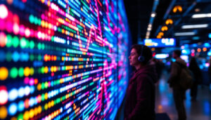A photograph of capture a photograph of a close-up view of a vibrant led display in a terminal setting