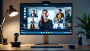 A photograph of a sleek video conferencing setup featuring a modern led display monitor