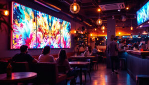 A photograph of a cozy indoor venue featuring a vibrant led display