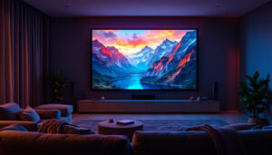 A photograph of a vibrant 98-inch projector screen displaying a high-resolution led image in a cozy home theater setting