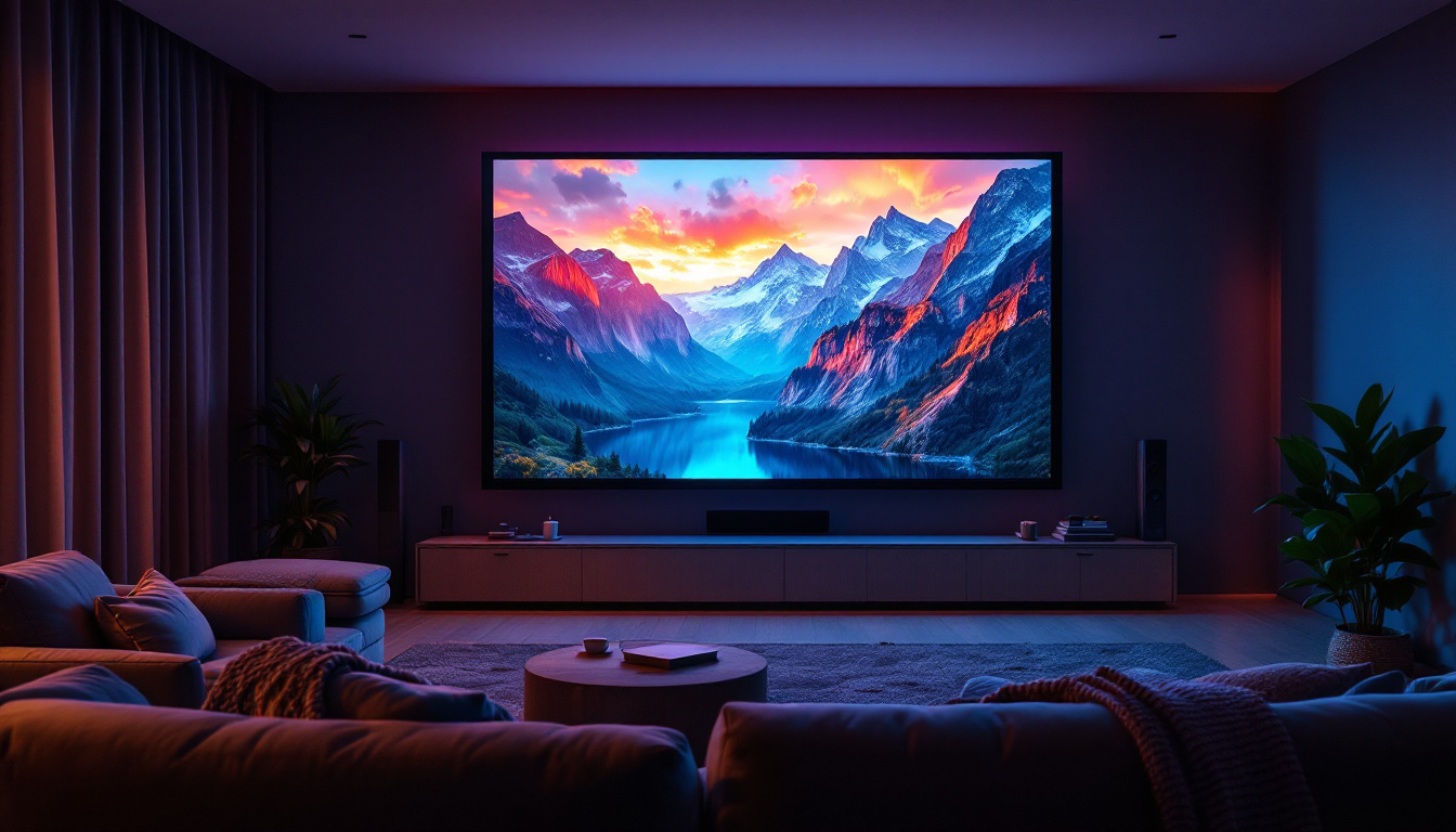 A photograph of a vibrant 98-inch projector screen displaying a high-resolution led image in a cozy home theater setting