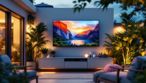 A photograph of a stylish outdoor tv case designed for a 55-inch led display