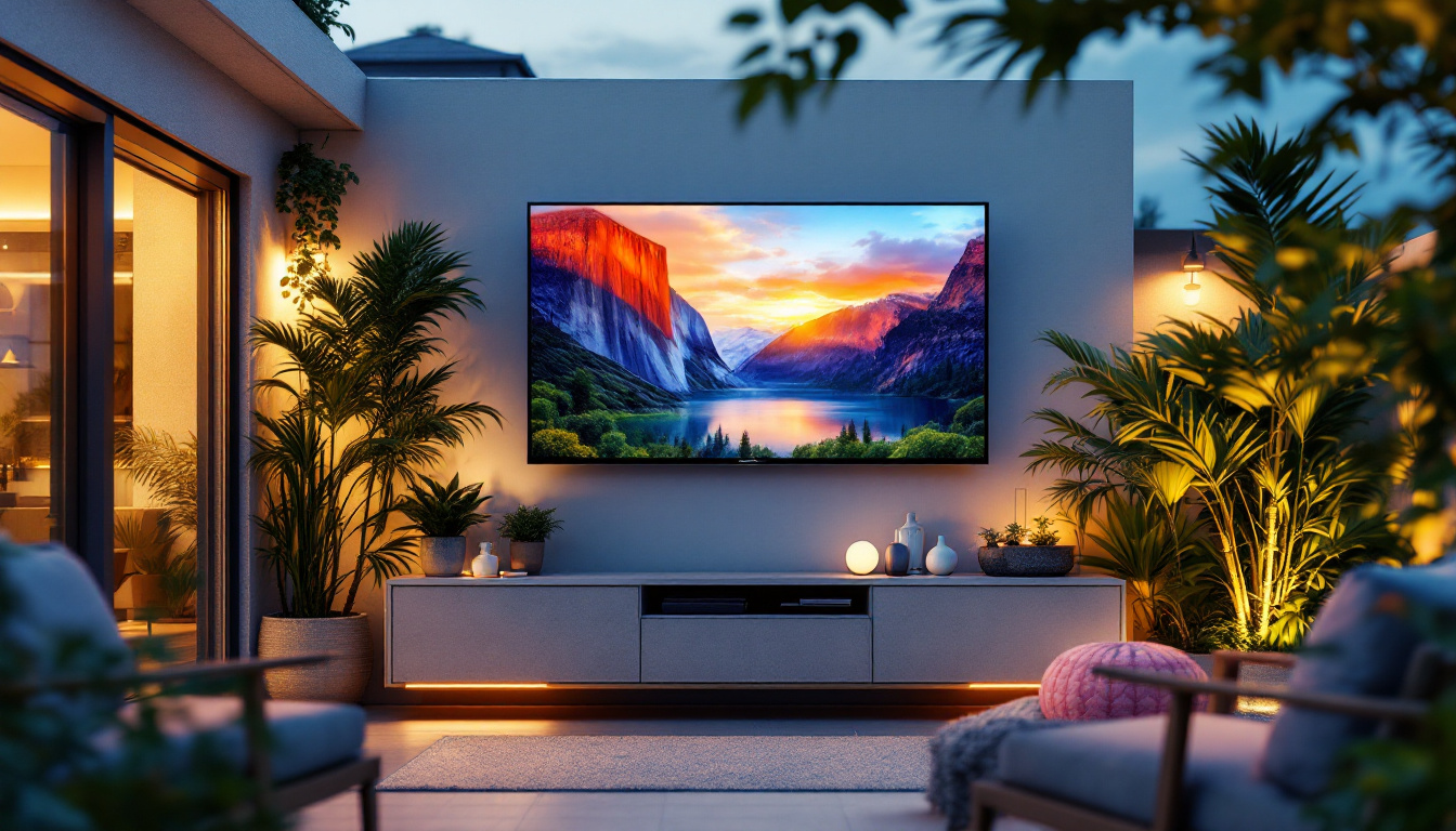 A photograph of a stylish outdoor tv case designed for a 55-inch led display
