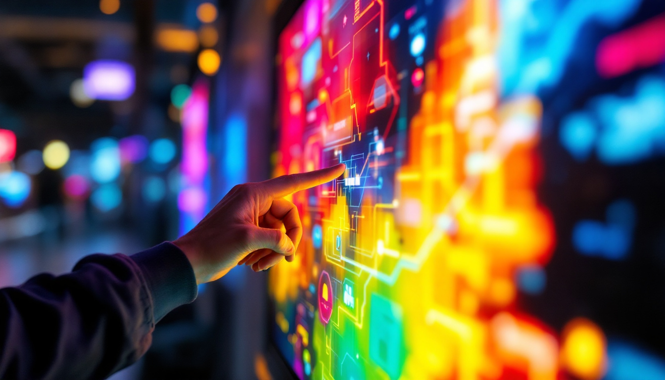 A photograph of a close-up shot of a vibrant led touch screen display in use