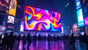 A photograph of a vibrant led display in a bustling urban environment