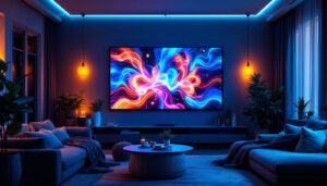 A photograph of a modern living room setup featuring a whole house projector displaying vibrant led visuals on a blank wall