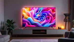 A photograph of a modern led tv displaying vibrant colors and sharp images