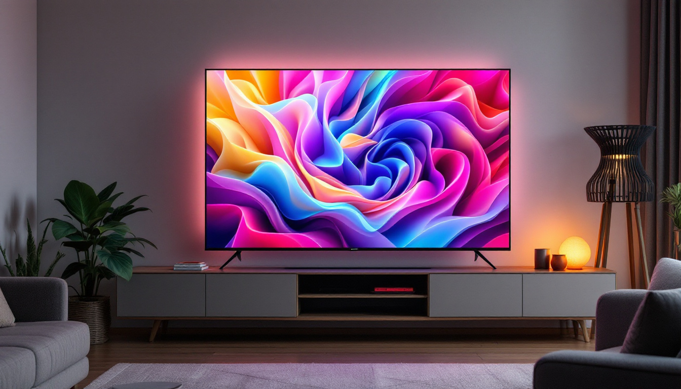 A photograph of a modern led tv displaying vibrant colors and sharp images