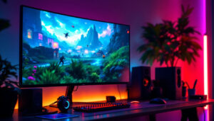 A photograph of a vibrant gaming setup featuring a high-definition led display showcasing an engaging video game scene