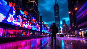 A photograph of a vibrant led display in an urban setting at dusk