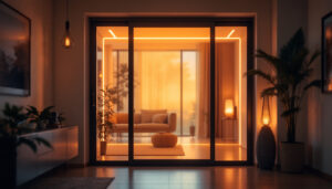 A photograph of a modern indoor screen door featuring an illuminated led display