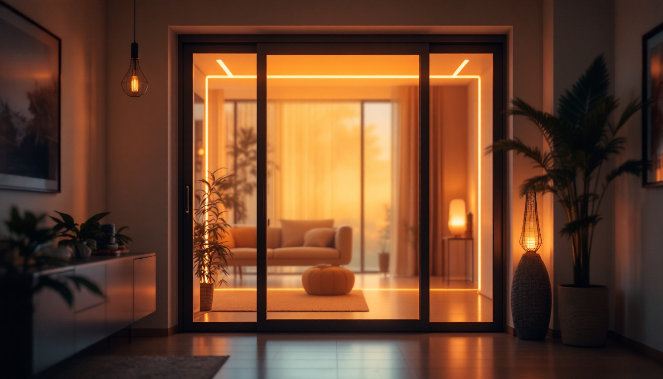 A photograph of a modern indoor screen door featuring an illuminated led display