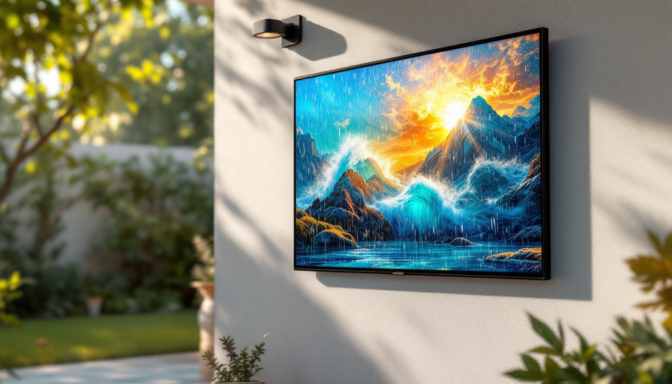 A photograph of a vibrant outdoor setting featuring a weatherproof led tv mounted in a stylish patio or backyard