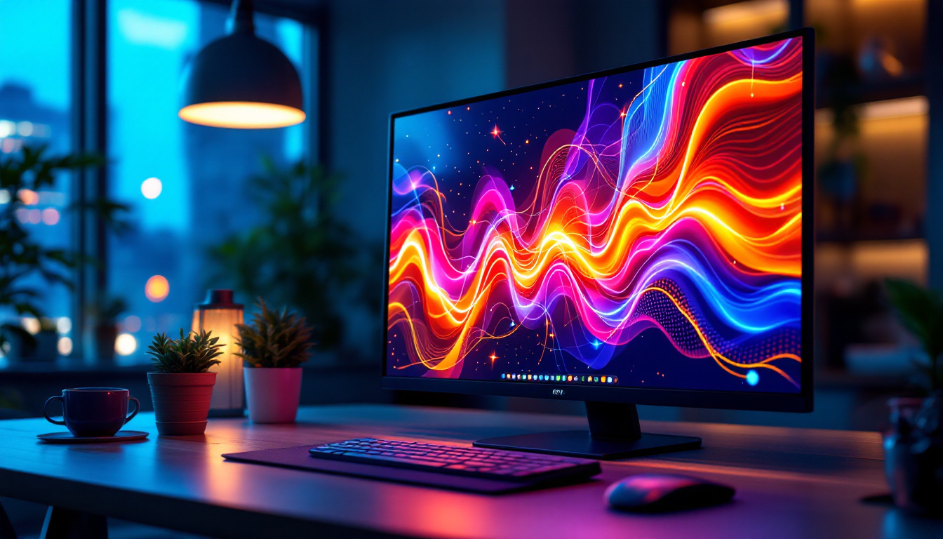 A photograph of a sleek 32-inch touch screen monitor displaying vibrant led graphics in a modern workspace setting