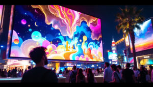 A photograph of capture a photograph of a vibrant led display in a bustling southern california setting