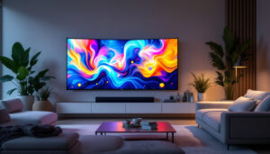 A photograph of a modern living room featuring a sleek