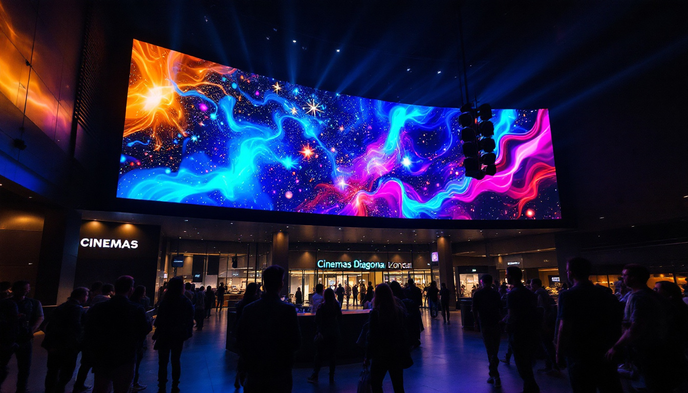 A photograph of capture a photograph of the vibrant led display at cinemas diagonal