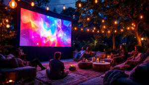 A photograph of a vibrant outdoor movie night setup featuring a large projector screen displaying a vivid led image