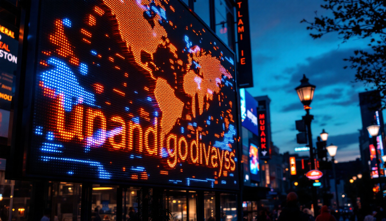 A photograph of a vibrant led display showcasing dynamic graphics and text