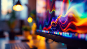 A photograph of a close-up shot of an led-backlit lcd monitor displaying vibrant colors