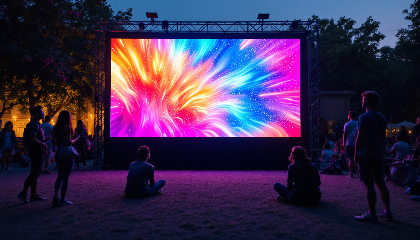 A photograph of capture a photograph of a vibrant outdoor setting featuring a large front projection screen displaying a colorful led image