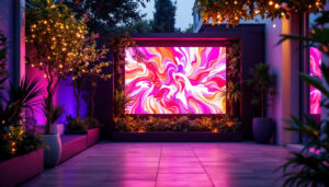 A photograph of a vibrant outdoor setting featuring a sleek led display wall