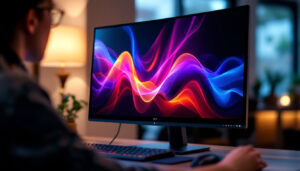 A photograph of a sleek 24-inch led monitor displaying vibrant colors and sharp images