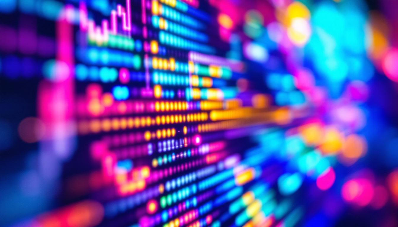 A photograph of a close-up shot of a vibrant led screen displaying a colorful image